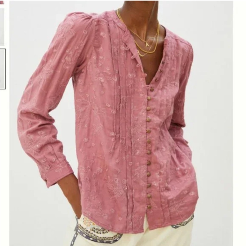 Anthropologie Dusty Rose Embroidered Button-Front Blouse